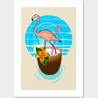 flamingo in a coconut in the tropics Posters and Art